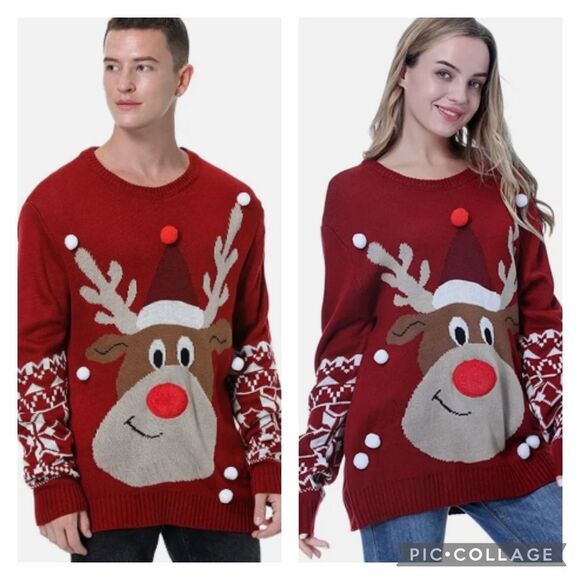 Christmas Sweater Nordic Reindeer Pom Poms Fuzzy Red Nose Thick Unisex Adult 2XL - Picture 16 of 16